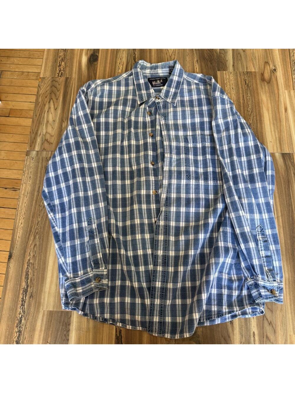 U.S. Expedition blue and white plaid cotton button-up shirt